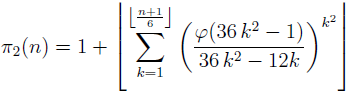 \pi_2(n)= 1+\left\lfloor \sum_{k=1}^{\left\lfloor \frac{n+1}{6} \right\rfloor} \left(\frac{\vf(36\, k^2-1)}{36\, k^2-12k}\right)^{k^2} \right\rfloor