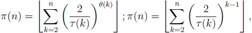 \pi(n)=\left \lfloor \sum_{k=2}^n \left(\frac{2}{\tau(k)}\right)^{\theta(k)} \right \rfloor ; \pi(n)=\left \lfloor \sum_{k=2}^n \left(\frac{2}{\tau(k)}\right)^{k-1} \right \rfloor, 