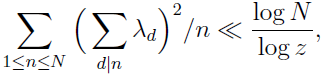 \sum_{1\leq n\leq N}\Big(\sum_{\substack{d\mid n}}\lambda_{d}\Big)^2/n\ll \dfrac{\log N}{\log z},$$ where $\lambda_{d}