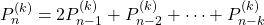 Rendered by QuickLaTeX.com \begin{equation*} P_{n}^{(k)}=2P_{n-1}^{(k)}+P_{n-2}^{(k)}+\cdots +P_{n-k}^{(k)} \end{equation*}