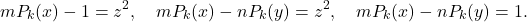 \[mP_k(x)-1=z^2,\quad mP_k(x)-nP_k(y)=z^2,\quad mP_k(x)-nP_k(y)=1.\]