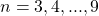 n = 3, 4, ..., 9