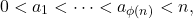 \begin{equation*} 0<a_1<\cdots<a_{\phi(n)}<n, \end{equation*}