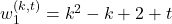 w_{1}^{(k,t)} = k^2 - k + 2 + t